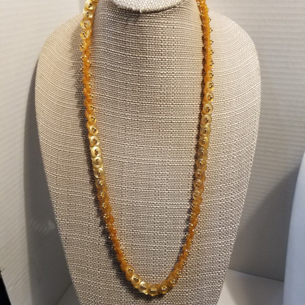 Yellow gold button necklace small gold beads 24 inches